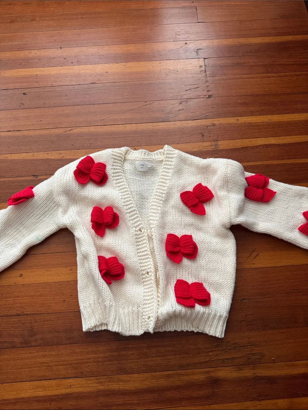 Cream Knit Cardigan with Red Bow Appliqués